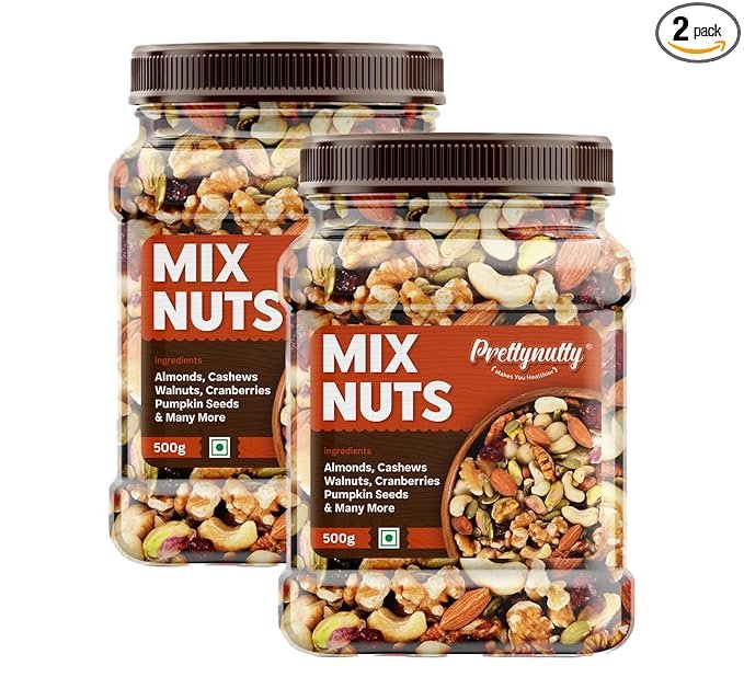 81El9GL1sUL._SX679_PIbundle-2,TopRight,0,0_SX679SY639SH20_ PrettyNutty Healthy Nutmix 1kg, Dried Almonds, Black Raisins, Cashewnuts, Cranberries, Green Raisins, Walnut Kernels & Many More. Pack of 2 (500g Each Jar) - Image 1