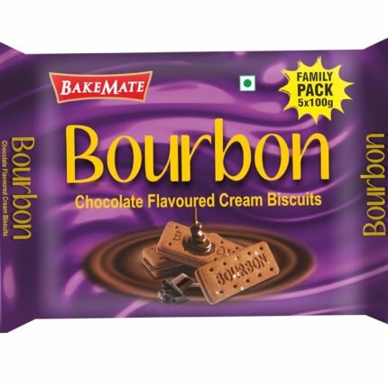 BakeMate Bourbon Biscuits - Chocolate Cream Filled Sandwich Biscuits | Biscuit Family Pack of 1 | Rich Chocolate Vanilla Flavor | 500g