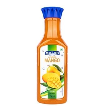 Mala's Alphonso Mango Syrup | Aaphus | 750ML Bottle | Mixer for Fruit Shakes, MilkShakes, Raas, Falooda, Mocktails, Cocktails, Drinks, Juices, Beverages