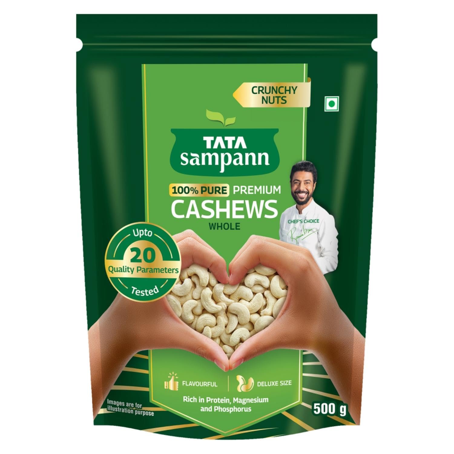 Tata Sampann Pure Cashews Whole/Kaju, 500g, Nutritious & Delicious, Premium Kaju nuts, Rich in Protein, Magnesium & Phosphorus, Deluxe Size & Crunchy Nuts Tata Sampann Pure Cashews Whole/Kaju, 500g, Nutritious & Delicious, Premium Kaju nuts, Rich in Protein, Magnesium & Phosphorus, Deluxe Size & Crunchy Nuts