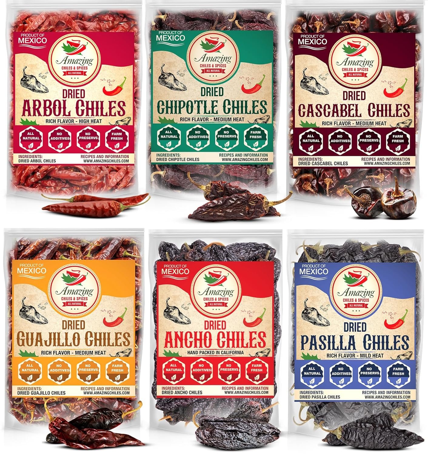 Dried Chili Peppers Variety Pack � Six Varieties of Chiles (29oz Total)- Ancho, Guajillo, Pasilla, Arbol, Chipotle, Cascabel. Essential for Mexican and Tex-Mex Cooking. By... Dried Chili Peppers Variety Pack � Six Varieties of Chiles (29oz Total)- Ancho, Guajillo, Pasilla, Arbol, Chipotle, Cascabel. Essential for Mexican and Tex-Mex Cooking. By...