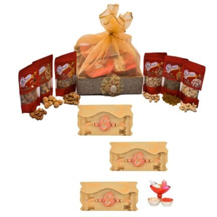 Giftrend 3kg Luxury Dryfruits and Hampers & Gourmet Gifts Basket with 3 Stunning Rakhi and Tilak Kit