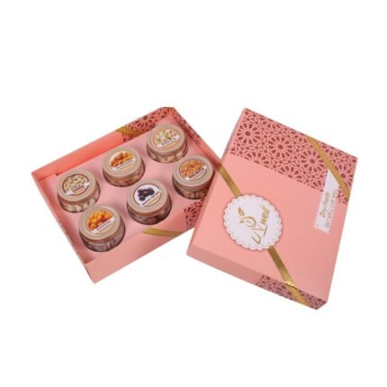 LIVWELL Pink Dry Fruits Gift Box with Glass Jars Pack of 6 Premium Assorted Nuts 1kg Healthy Gifting Option