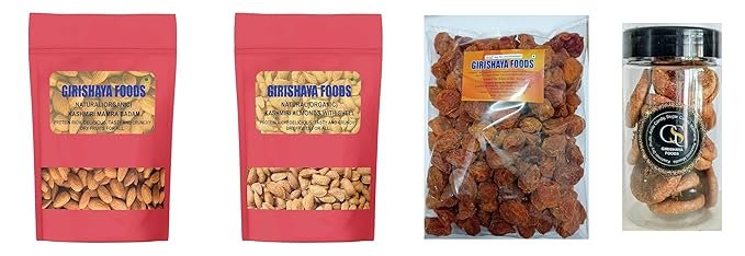 pp1 GIRISHAYA FOODS Kashmiri Mamra Badam/Almond 200G + Kashmiri Badam with Shell 250G + Kashmiri Apricot 250G + Anjeer 250G | Carefully Selected Ingredients | Hygienic Packaging| - Image 1