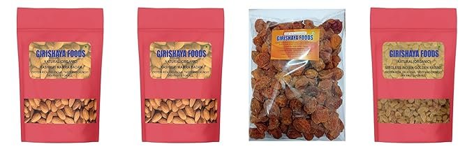qq1 GIRISHAYA FOODS Kashmiri Mamra Badam/Almond 250G + Kashmiri Mamra Badam/Almond 200G + Kashmiri Apricot 250G + Kishmish 250G | Carefully Selected Ingredients | Hygienic Packaging| - Image 1