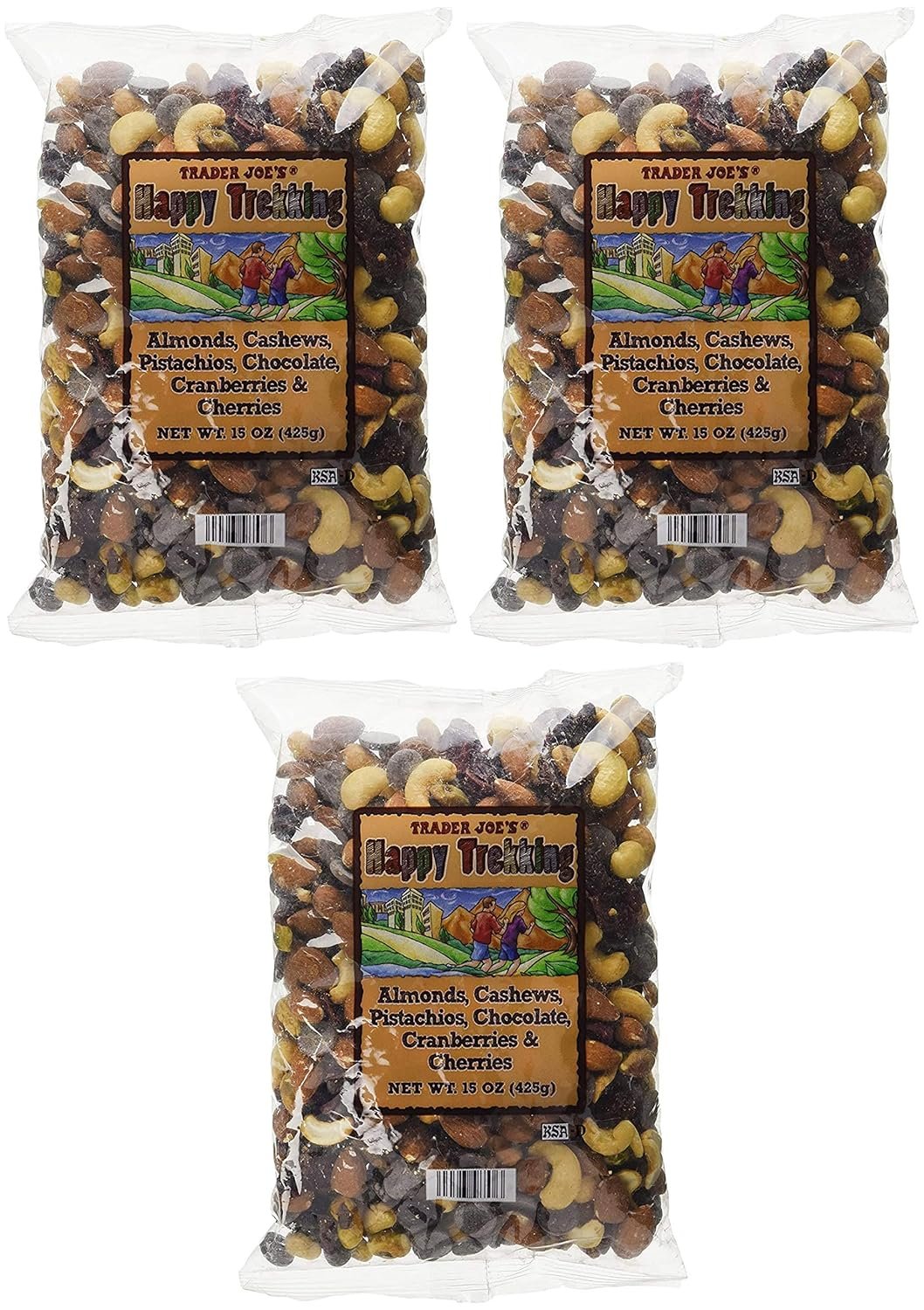 Trader Joe's Happy Trekking...Almonds, Cashews, Pistachios, Chocolate, Cranberries & Cherries...15 oz. bag...Low Sodium...No Gluten Pack of 3 Trader Joe's Happy Trekking...Almonds, Cashews, Pistachios, Chocolate, Cranberries & Cherries...15 oz. bag...Low Sodium...No Gluten Pack of 3